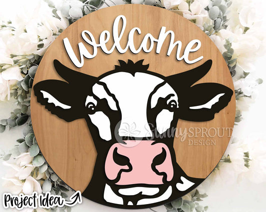 Welcome Cow Face Sign, Digital download, SVG Laser cut file, Cricut, Round door hanger design, Farmhouse animal decor