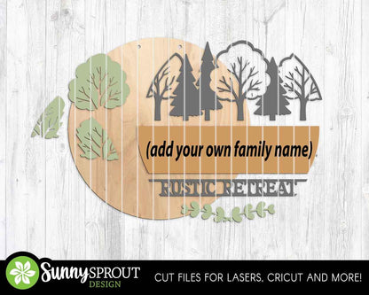 Personalizable Campsite Sign, Digital download, SVG Laser cut file, Cricut, Round door hanger design, Family name camping decor