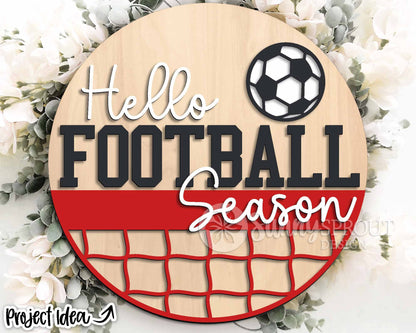 Hello Football Soccer Season Sign, Digital Download, SVG Laser Cut File, Cricut, Round Door Hanger Wall Art Design, Sports Decor