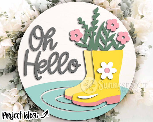 Oh Hello Rain Boots Flowers Sign, Digital download, SVG Laser cut file, Cricut, Round door hanger design, Spring decor