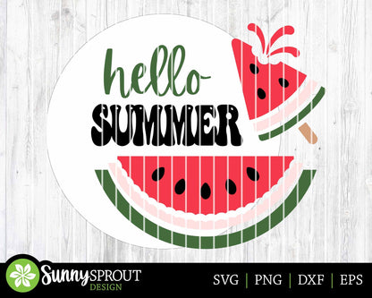 Hello Summer Watermelon Popsicle Sign, Digital Download, SVG Laser Cut File, Cricut, Round Door Hanger Design