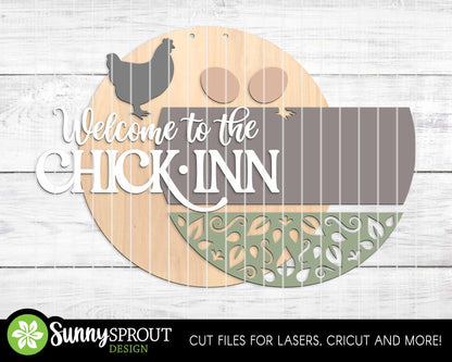 Welcome to The Chick Inn Sign, Digital download, SVG Laser cut file, Cricut, Round door hanger design, Chicken farm decor