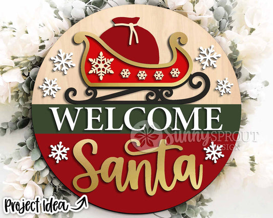 Welcome Santa Sleigh Sign, Digital Download, SVG Laser Cut File, Cricut, Round Door Hanger Design, Christmas Decor