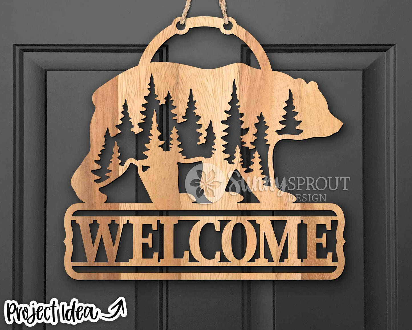 Bear and Trees Welcome Sign, Digital download, SVG Laser cut file, Cricut, Door hanger design, Cabin camping outdoor decor