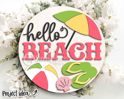 Hello Beach Umbrella Beachball Sign, Digital download, SVG laser cut file, Cricut, Round door hanger design, Ocean coastal decor