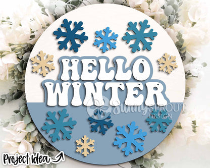 Hello Winter Retro Snowflakes Sign, Round door hanger svg, Glowforge laser file, Cricut cut file, Winter welcome sign svg