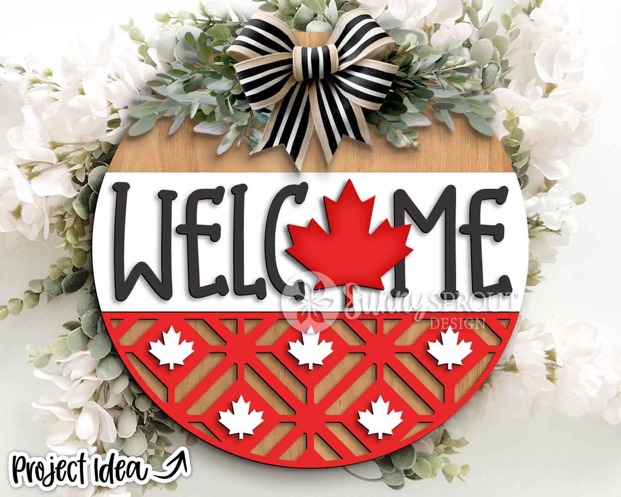 Welcome Maple Leaf Pattern Sign, Digital Download, SVG Laser Cut File, Cricut, Summer Canada Day Round Door Hanger Design