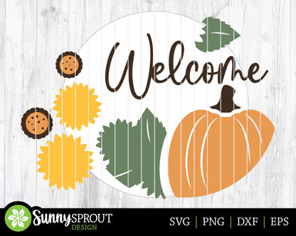 Welcome Sunflowers & Pumpkin Sign, Digital Download, SVG Laser Cut File, Cricut, Round Fall Floral Door Hanger Design