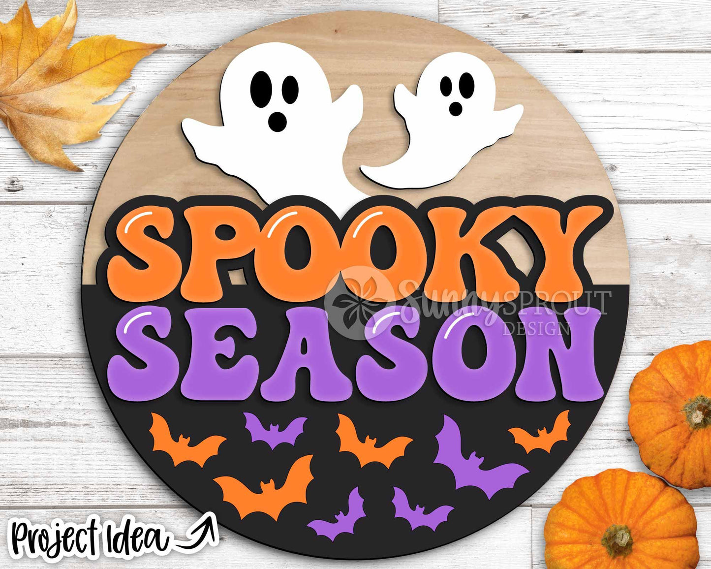 Spooky Season Retro Bats Ghosts Sign, Digital Download, SVG Laser Cut File, Cricut, Round Halloween Door Hanger Design
