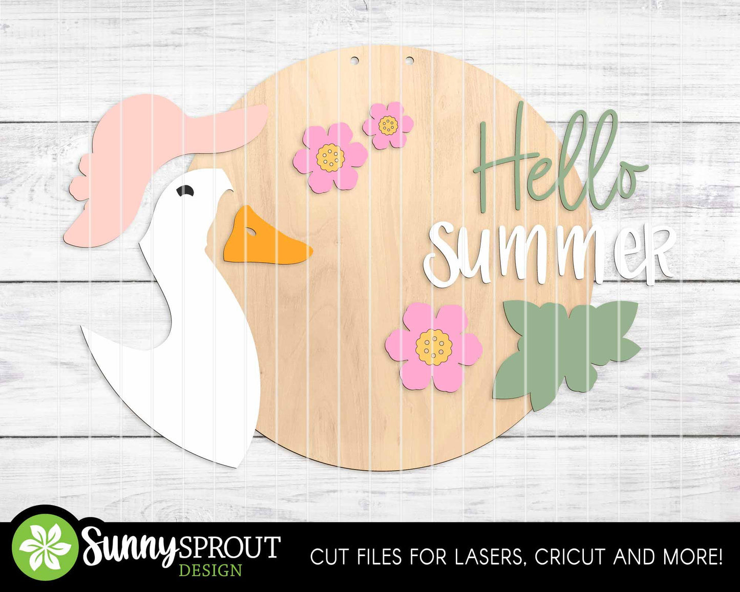Hello Summer Goose Hat Flowers Sign, Digital Download, SVG Laser Cut File, Cricut, Round Door Hanger Design