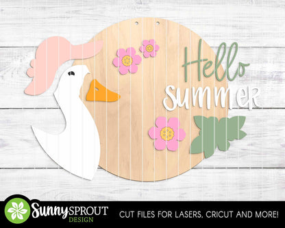 Hello Summer Goose Hat Flowers Sign, Digital Download, SVG Laser Cut File, Cricut, Round Door Hanger Design