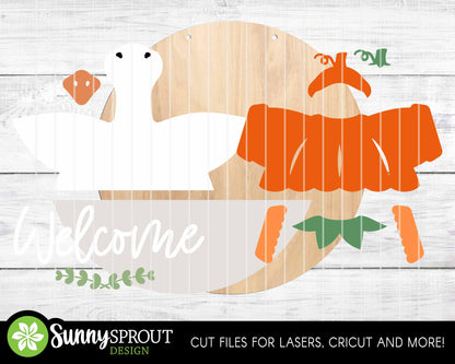 Goose Welcome Pumpkin Sign, Digital Download, SVG Laser Cut File, Cricut, Round Fall Door Hanger Design, Interchangeable Outfit