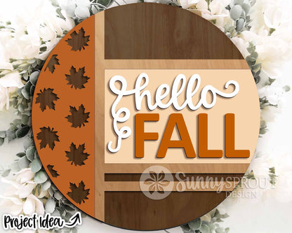 Hello Fall Leaves Sign, Digital Download, SVG Laser Cut File, Cricut, Modern Round Fall Door Hanger Design