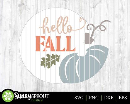 Hello Fall Pumpkin and Leaf Sign, Digital Download, SVG Laser Cut File, Cricut, Round Fall Door Hanger Design