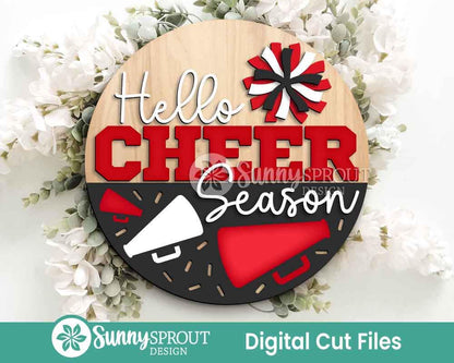 Hello Cheerleading Season Sign, Digital Download, SVG Laser Cut File, Cricut, Round Door Hanger Design, Sports Decor