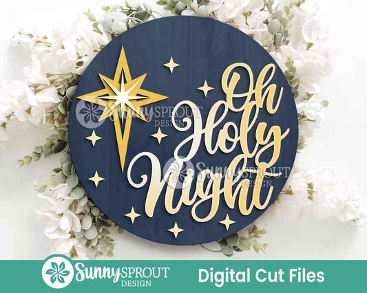 Oh Holy Night Star of Bethlehem Sign, Digital Download, SVG Laser Cut File, Cricut, Round Door Hanger Design, Christmas Decor