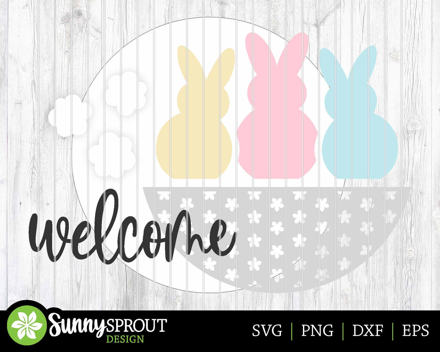 Three Bunnies Welcome Sign, Digital download, SVG Laser cut file, Cricut, Round door hanger design, Spring Easter decor