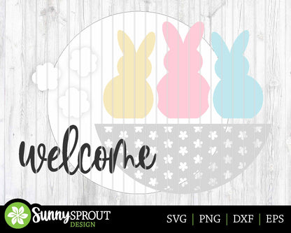 Three Bunnies Welcome Sign, Digital download, SVG Laser cut file, Cricut, Round door hanger design, Spring Easter decor