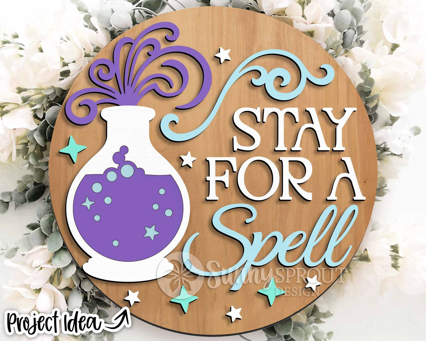 Stay For A Spell Witch Potion Sign, Digital Download, SVG Laser Cut File, Cricut, Round Halloween Door Hanger Design