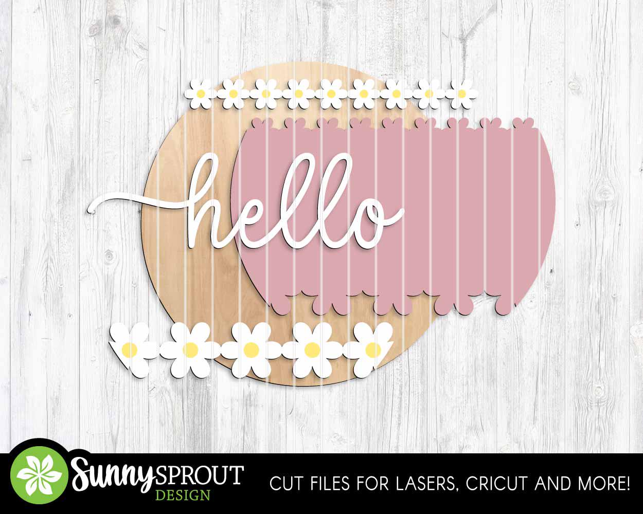 Hello Daisies Sign, Digital Download, SVG Laser Cut File, Cricut, Summer Floral Round Door Hanger Design