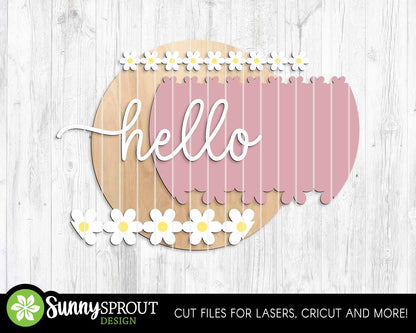Hello Daisies Sign, Digital Download, SVG Laser Cut File, Cricut, Summer Floral Round Door Hanger Design