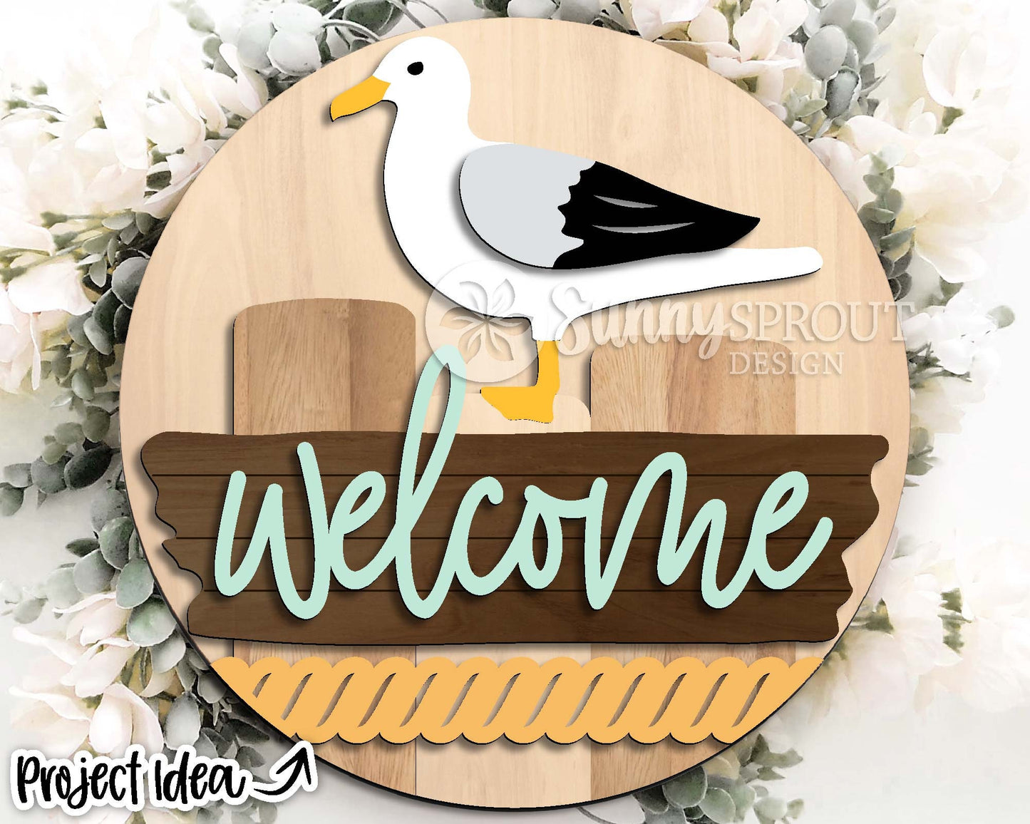Welcome Seagull Driftwood Sign, Digital download, SVG Laser cut file, Cricut, Round door hanger design, Ocean coastal beach decor