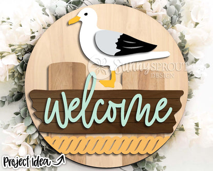 Welcome Seagull Driftwood Sign, Digital download, SVG Laser cut file, Cricut, Round door hanger design, Ocean coastal beach decor