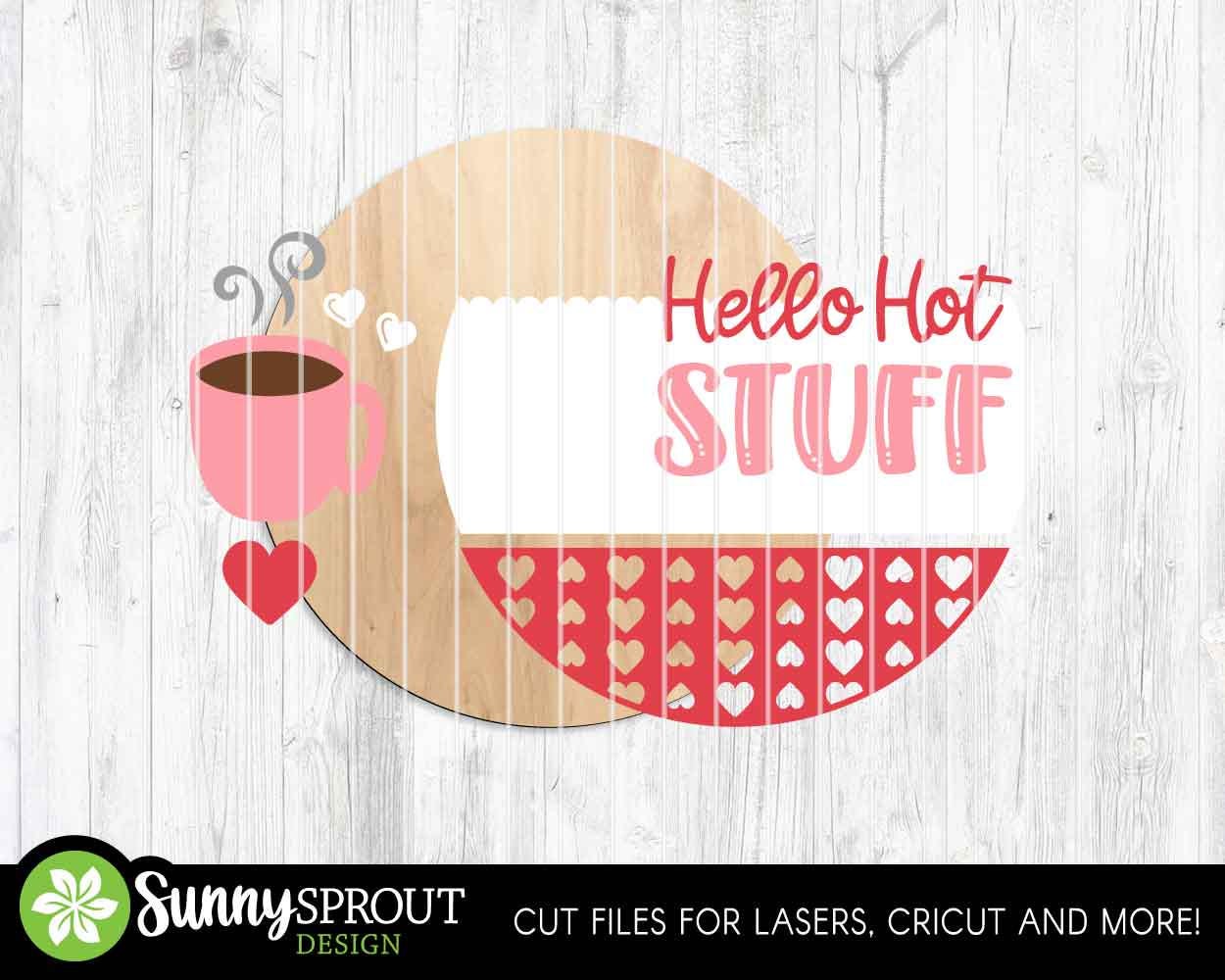 Hello Hot Stuff Cocoa Mug Sign, Digital Download, SVG Laser Cut File, Cricut, Round Door Hanger Design, Valentine's Day Welcome Decor