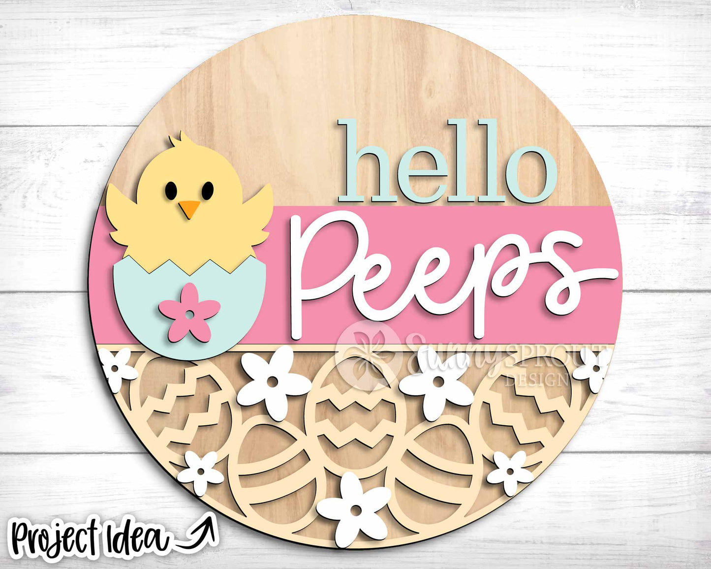 Hello Peeps Chick & Easter Egg Sign, Digital download, SVG Laser cut file, Cricut, Round door hanger design, Spring decor