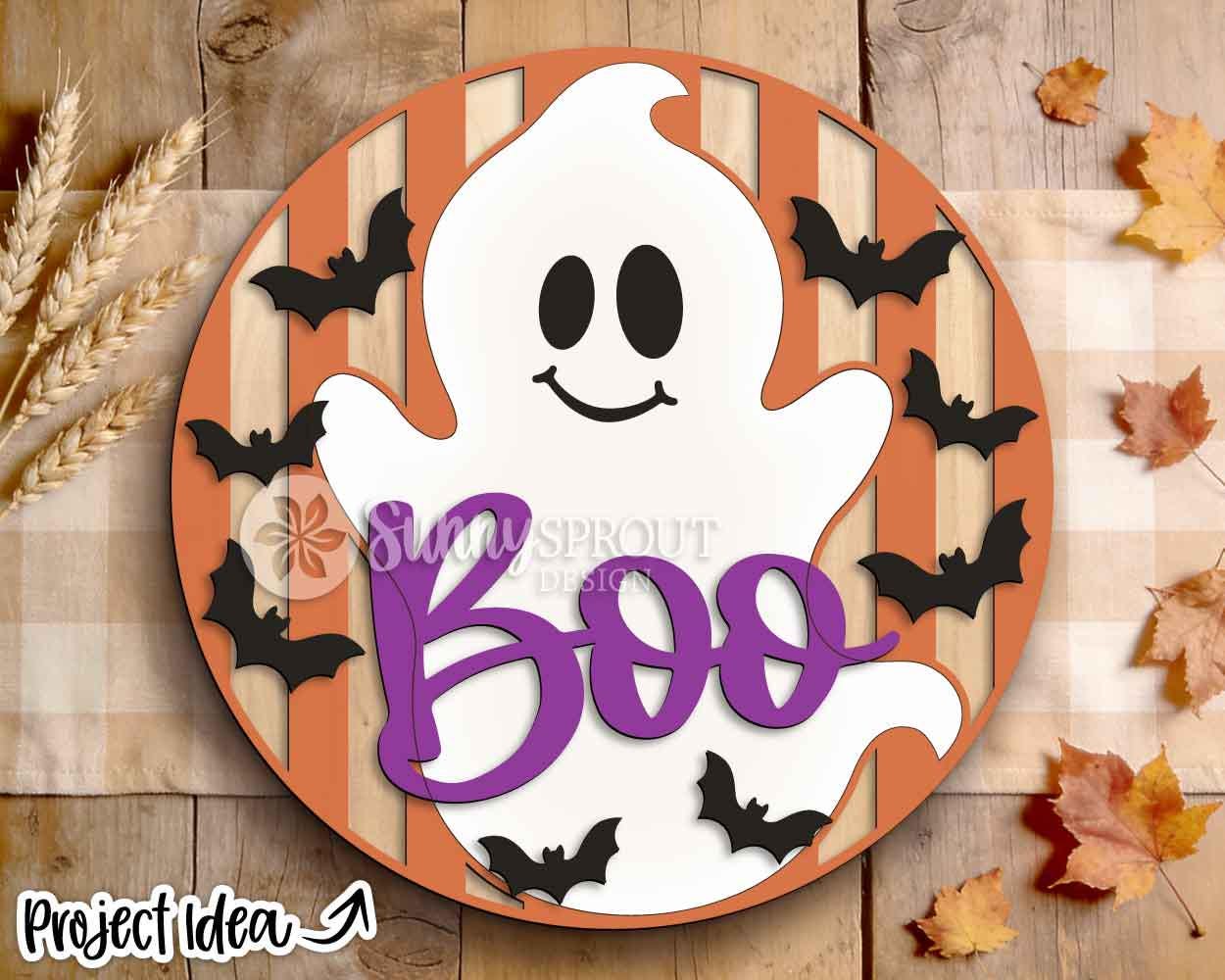 Boo Ghost Bats Stripe Pattern Sign, Digital Download, SVG Laser Cut File, Cricut, Round Halloween Welcome Door Hanger Design