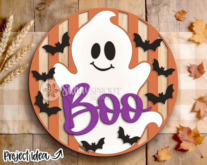 Boo Ghost Bats Stripe Pattern Sign, Digital Download, SVG Laser Cut File, Cricut, Round Halloween Welcome Door Hanger Design