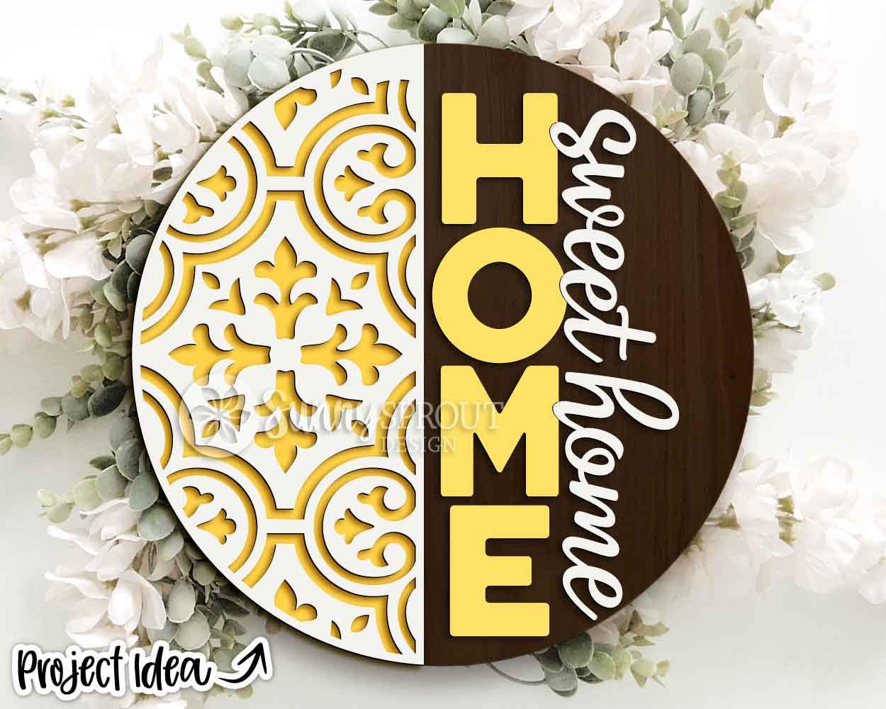 Home Sweet Moroccan Tile Pattern Sign, Digital Download, SVG Laser Cut File, Cricut, Modern Round Door Hanger Design