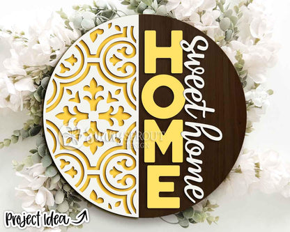Home Sweet Moroccan Tile Pattern Sign, Digital Download, SVG Laser Cut File, Cricut, Modern Round Door Hanger Design