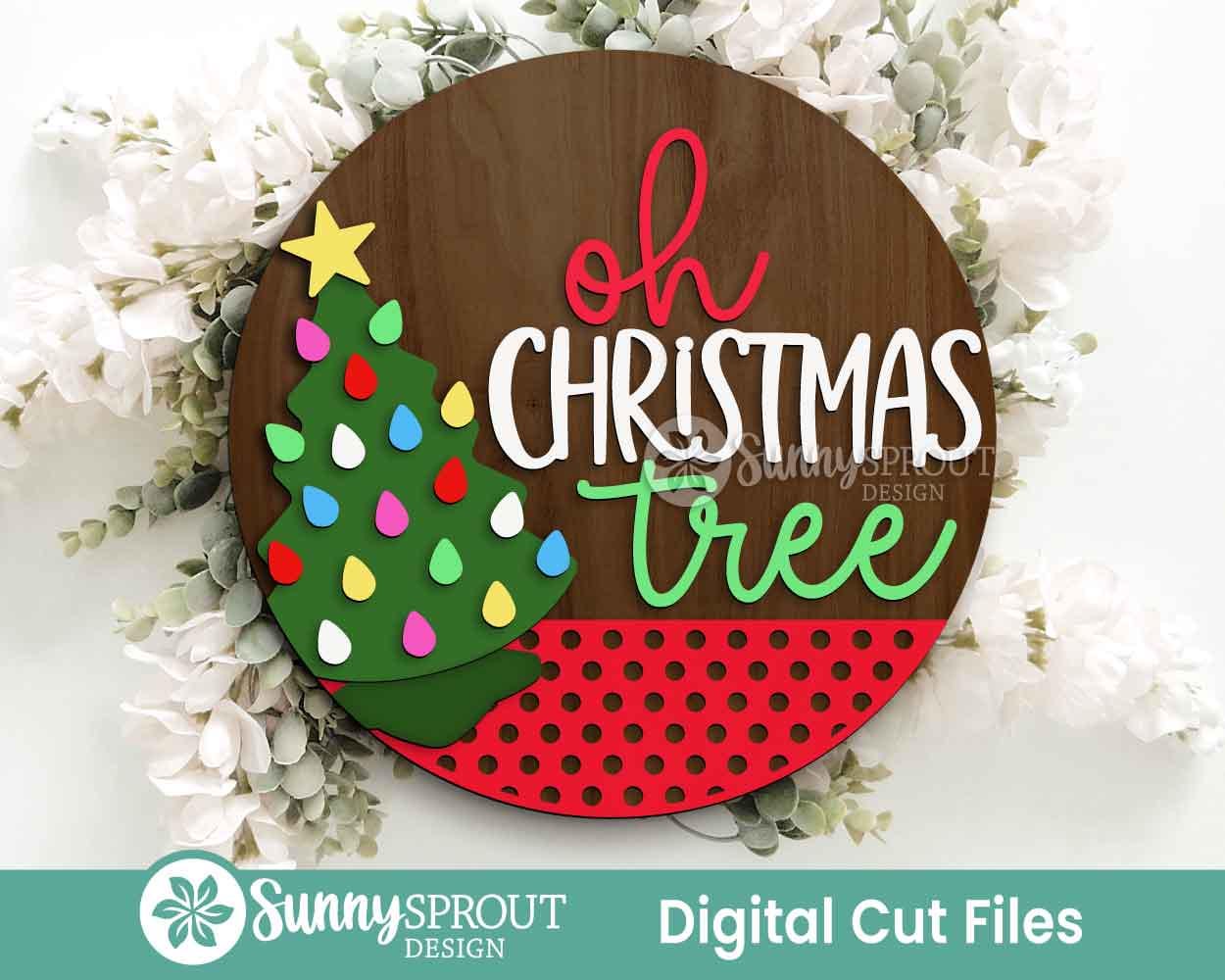 Vintage Ceramic Oh Christmas Tree Sign, Digital Download, SVG Laser Cut File, Cricut, Round Door Hanger Design