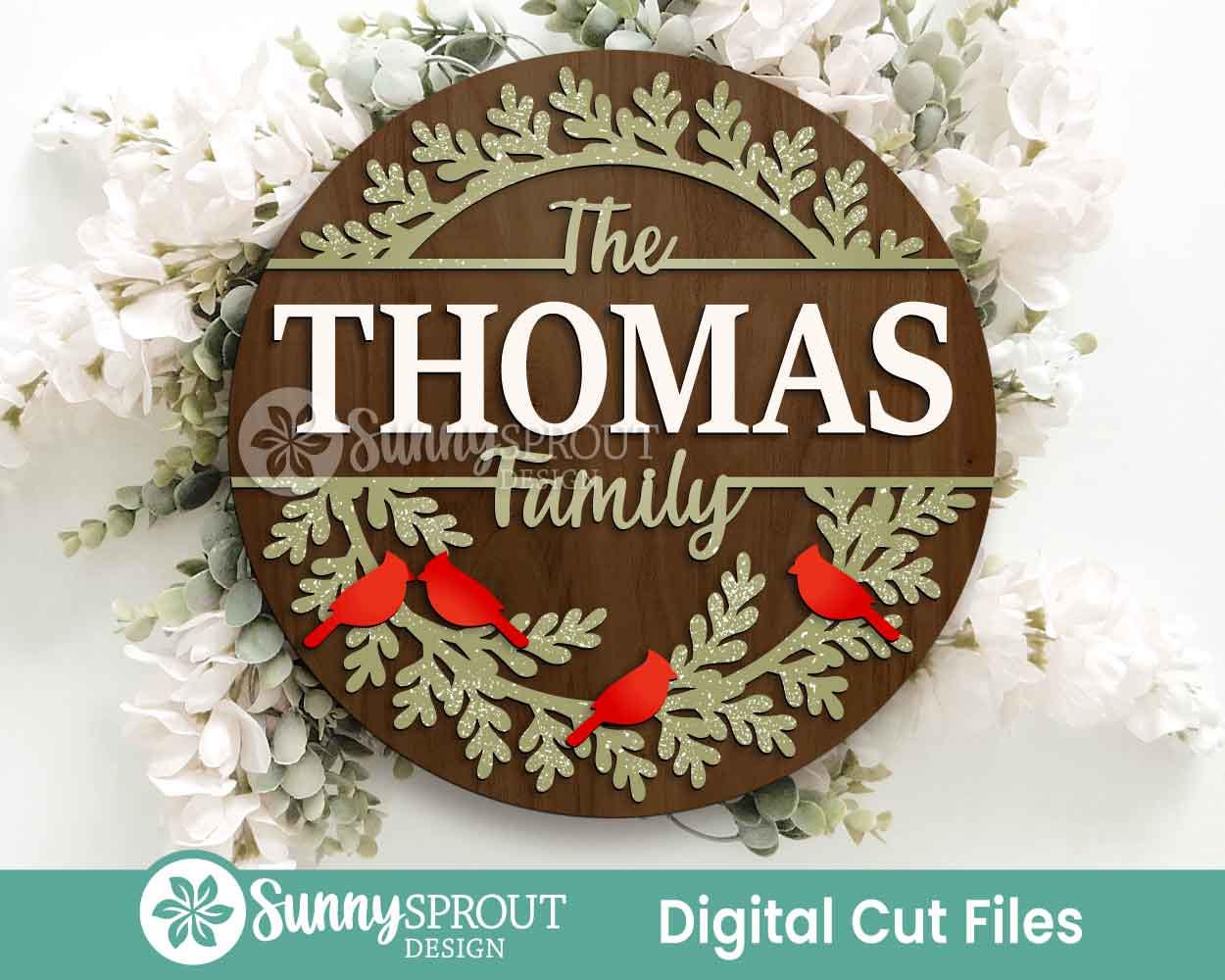 Cardinal Split Frame Family Name Monogram Sign, Digital Download, SVG Laser Cut File, Cricut, Round Door Hanger Design, Christmas Decor