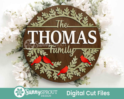 Cardinal Split Frame Family Name Monogram Sign, Digital Download, SVG Laser Cut File, Cricut, Round Door Hanger Design, Christmas Decor