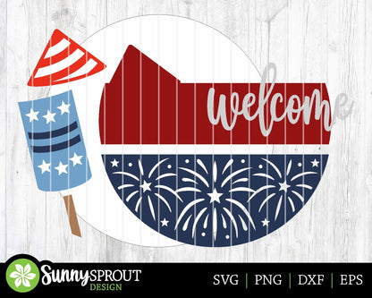Welcome Patriotic Firecracker Sign, Digital Download, SVG Laser Cut File, Cricut, Round Door Hanger Design, Patriotic 4th of July Decor
