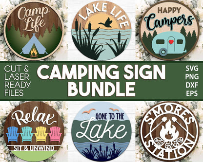 Camping Laser Sign Bundle, Round door hanger svg, Glowforge laser file, Cricut, Front door welcome sign, Summer decor svg