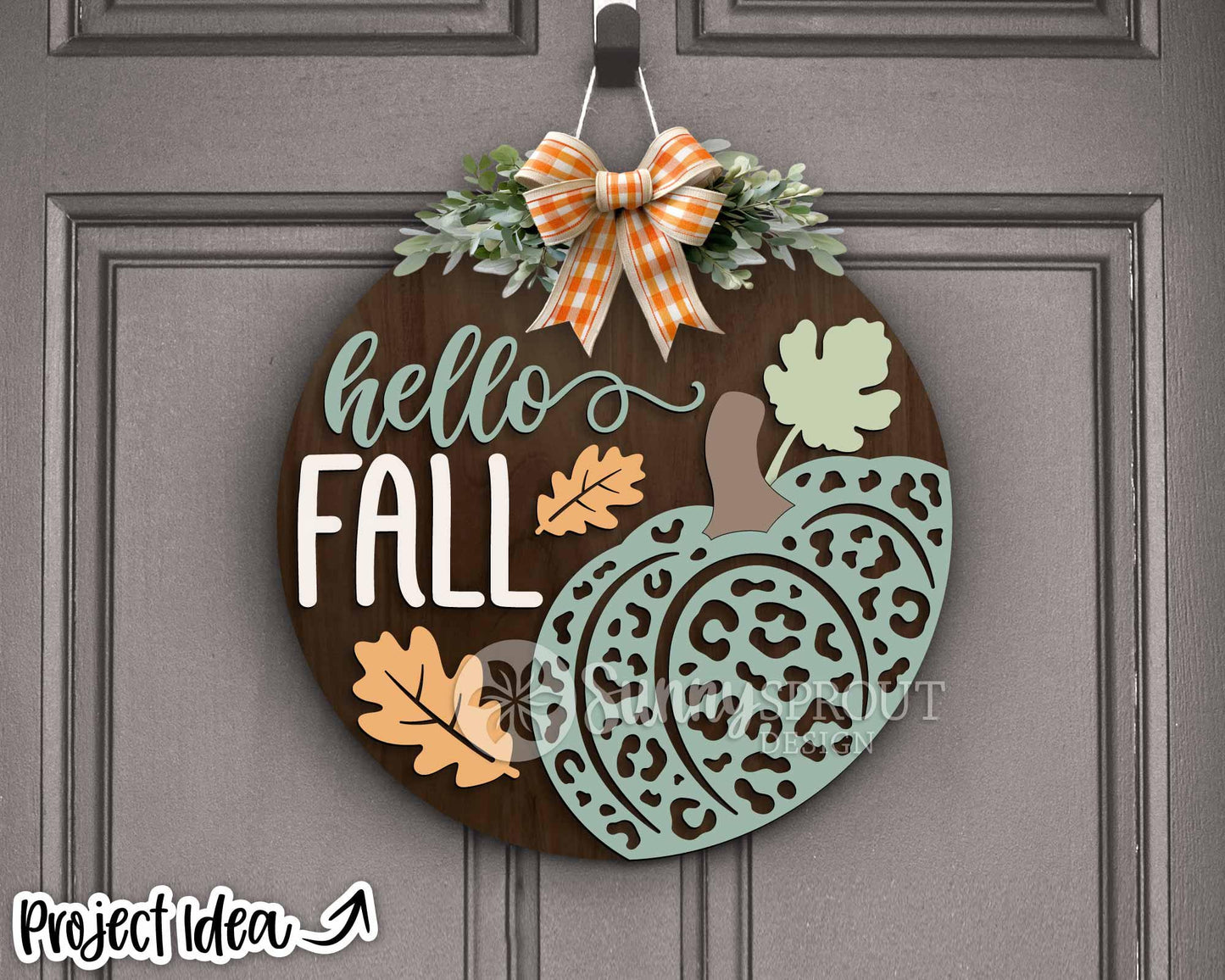 Hello Fall Leopard Print Pumpkin Sign, Digital Download, SVG Laser Cut File, Cricut, Round Door Hanger Design