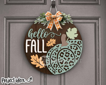 Hello Fall Leopard Print Pumpkin Sign, Digital Download, SVG Laser Cut File, Cricut, Round Door Hanger Design