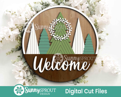 Welcome Pine Tree Wreath Sign, Digital Download, SVG Laser Cut File, Cricut, Round Door Hanger Design, Winter Christmas Decor