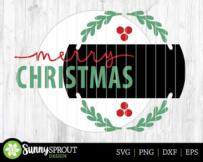Merry Christmas Holly Sprig Sign, Digital Download, SVG Laser Cut File, Cricut, Modern Round Door Hanger Design