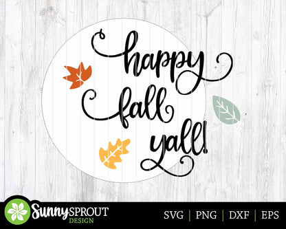 Happy Fall Y'all Script and Leaves Sign, Cricut SVG cut file, Silhouette, Laser cut file, Round Door Hanger Design