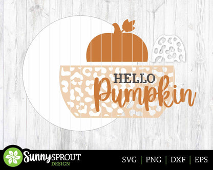 Hello Pumpkin Leopard Print Sign, Digital Download, SVG Laser Cut File, Cricut, Round Fall Door Hanger Design