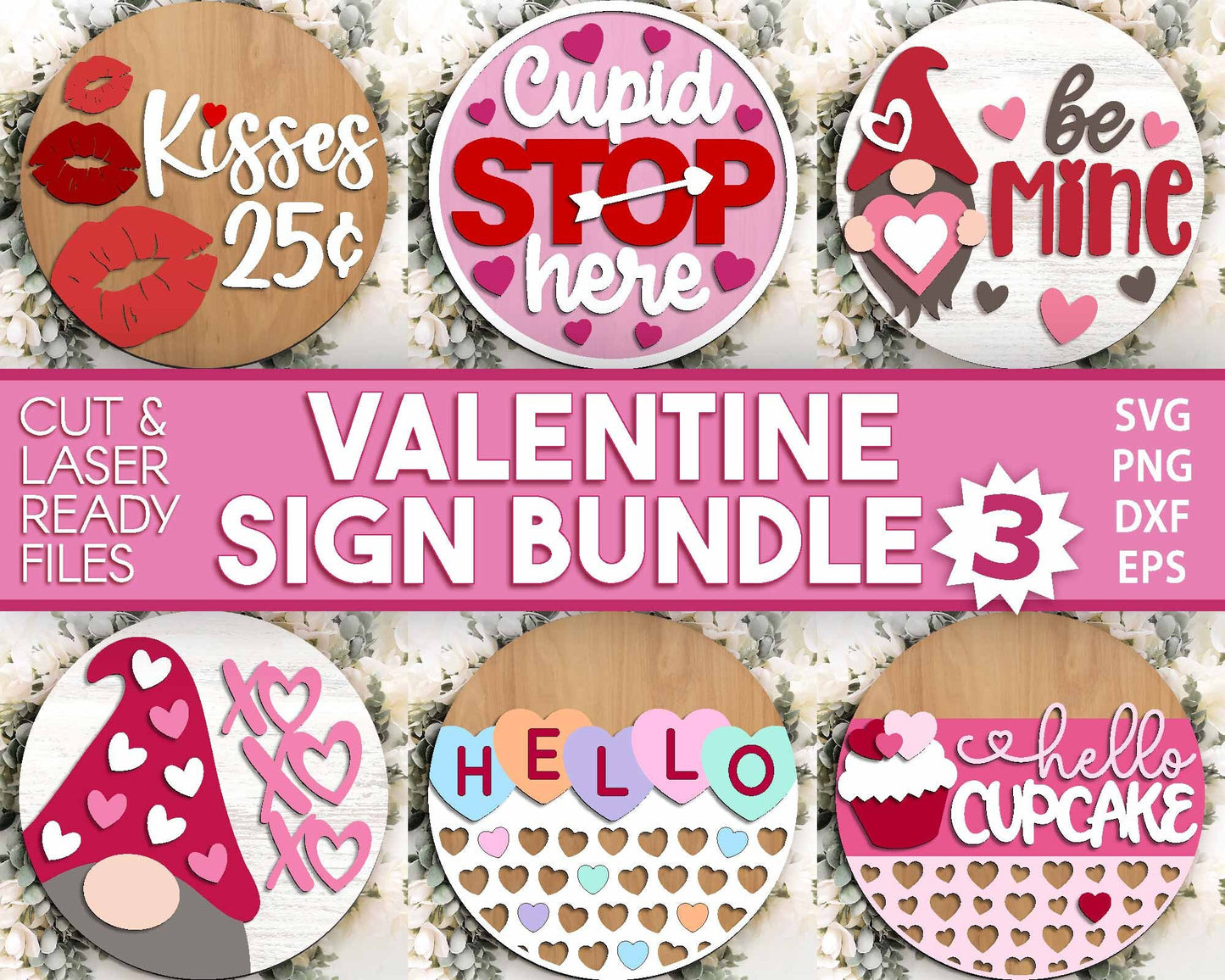 Valentine Laser Sign Bundle 3, Round door hanger, Glowforge laser file, Cricut, Heart welcome sign, Valentine's Day decor