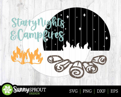 Starry Nights & Campfires Sign, Digital download, SVG Laser cut file, Cricut, Round door hanger design, Camping cabin decor