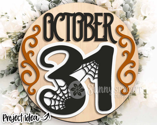 October 31 Spider Web Sign, Digital Download, SVG Laser Cut File, Cricut, Round Halloween Door Hanger Design