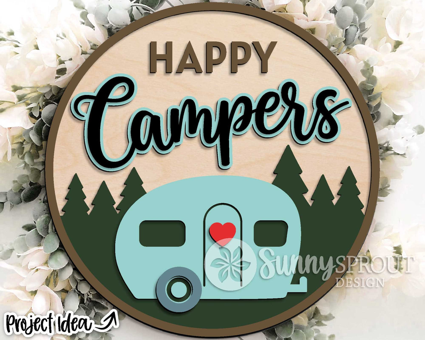 Happy Campers Retro Sign, Digital download, SVG Laser cut file, Cricut, Round door hanger design, Camping cabin decor
