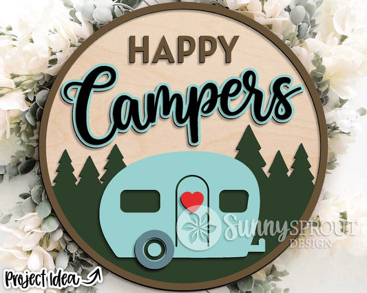 Happy Campers Retro Sign, Digital download, SVG Laser cut file, Cricut, Round door hanger design, Camping cabin decor