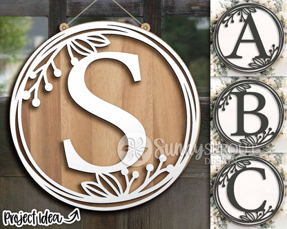 Family Initial Monogram Sign, 26 letters, Round door sign svg, Glowforge laser file, Cricut, Farmhouse decor svg